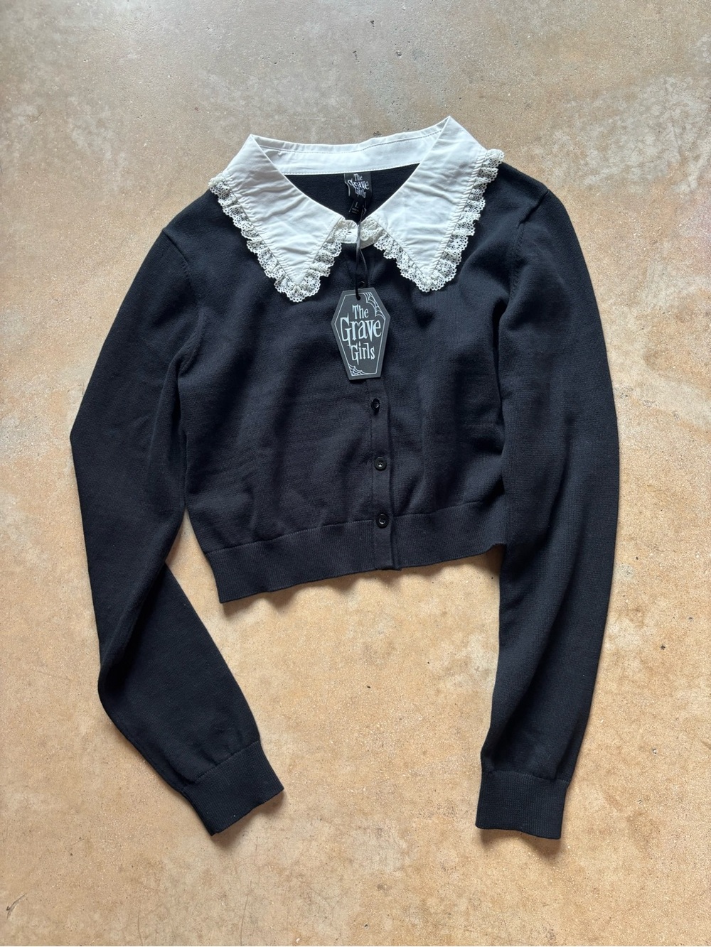 Dolls Kill x The Grave Girls- black cropped cardigan with white lace collar